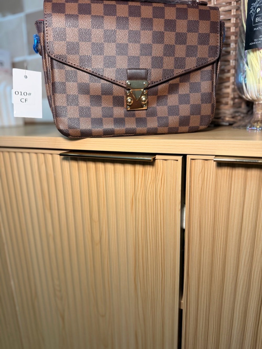 Brown Checkered Leather Crossbody Bag with Gold Hardware